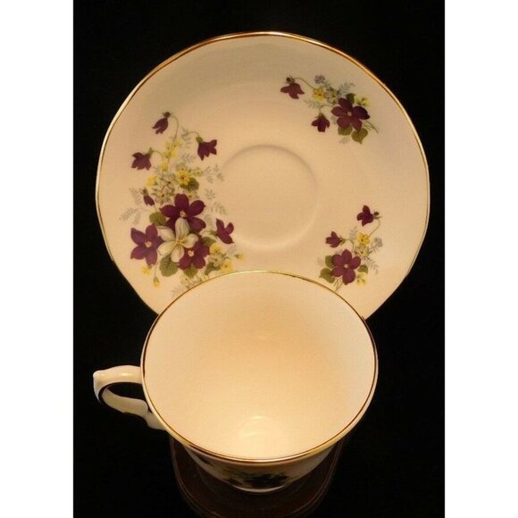 Royal Vale English Bone China Tea Cup Saucer With Violets Design Gold Trim - Picture 6 of 10